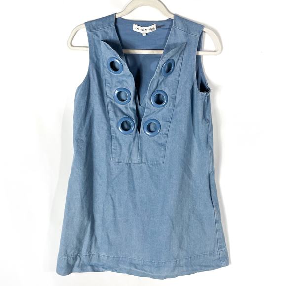 English Factory Denim Lace Up Mini Dress Blue Shift Sleeveless Chambray Sz S - Picture 1 of 10